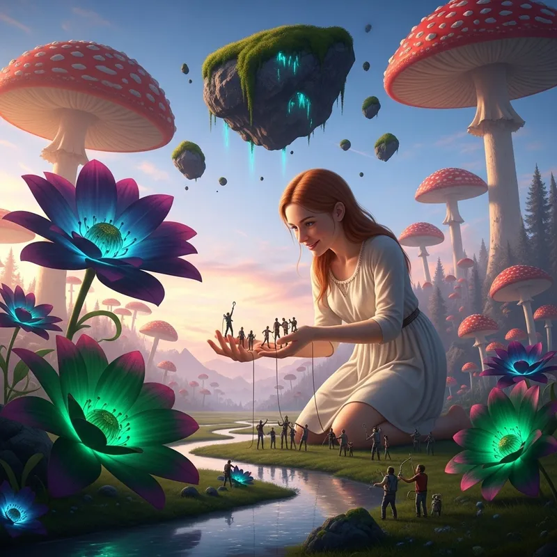 Gigantic Red-Haired Woman in a Surreal Landscape