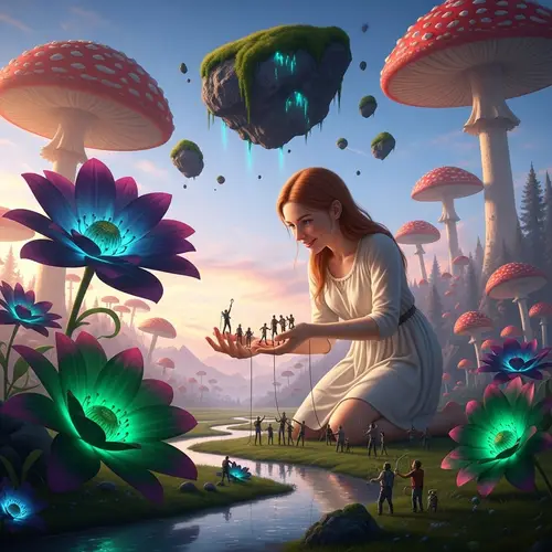 Gigantic Red-Haired Woman in a Surreal Landscape