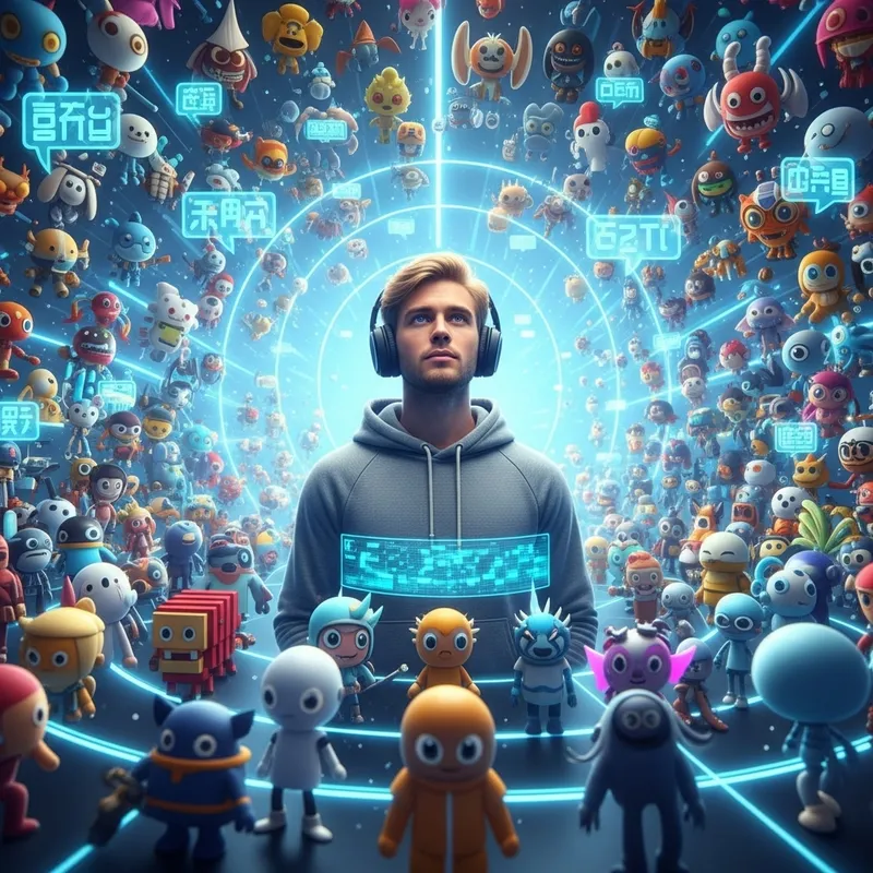 Diverse Computer Characters Surround Blond Man in Wireless Headphones