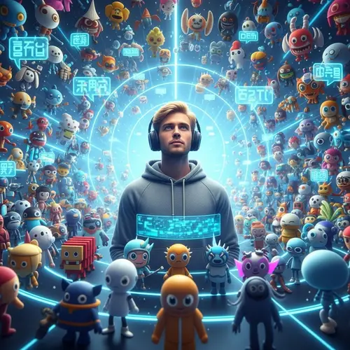 Computer Characters Arranged Around a Young Man in Headphones