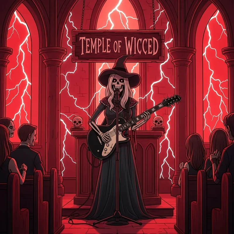 Temple of Wicced: Mystical Female Skeleton Preacher with Black Fender Stratocaster Guitar