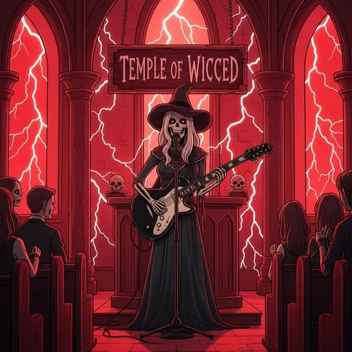 Temple of Wicced: Female Skeleton Preacher Playing Black Fender Stratocaster Guitar