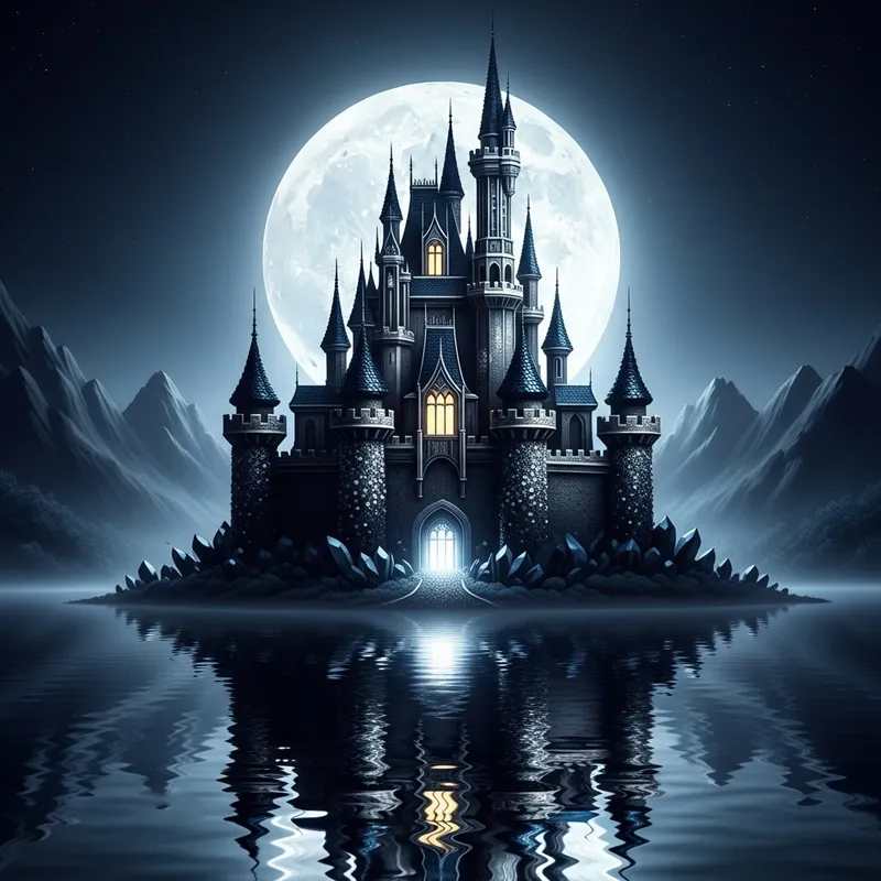 Ethereal Black Crystal Castle in Moonlit Enchantment
