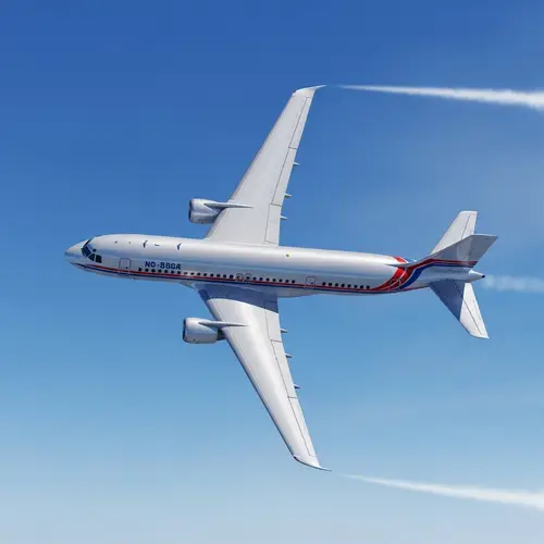 Detailed Depiction of Silver Airplane Soaring in Bright Blue Sky