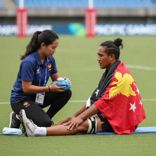 Pacific Games Rugby Field: Physiotherapist Assisting Athlete