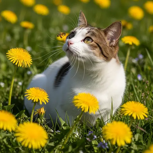 Plump Cat in Meadow with Bee - White Coat & Brown Patches