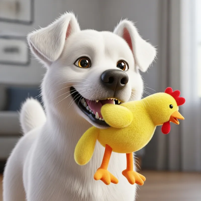 3D Silky White Dog Holding Toy Chicken - 8K Image