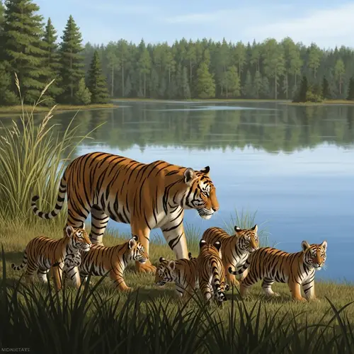 Majestic Tiger By Lake with Playful Cubs