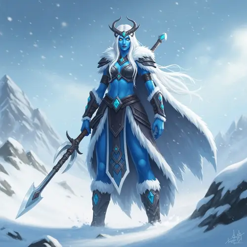 Powerful Frost Giantess: Mythical Nordic Character in Snowy Landscape