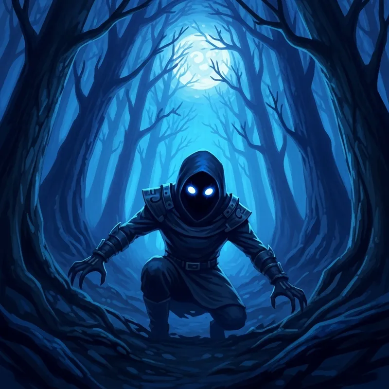Mysterious Figure with Glowing Eyes in Moonlit Forest
