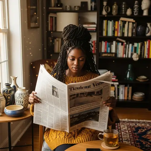 Graceful Black Woman Reading Newspaper - Cultural Tranquillity