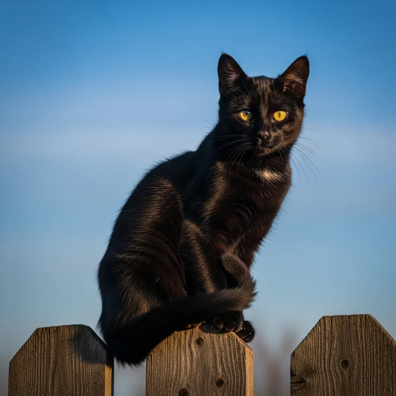 Sleek Black Cat Gazing Intently from Wooden Fence Sleek Black Cat Gazing Intently from Wooden Fence