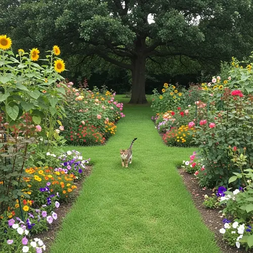 Serene Garden Scene with Blossoming Flowers and Curious Cat