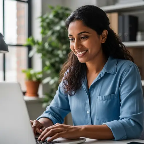 Smiling South Asian Woman Working on Computer