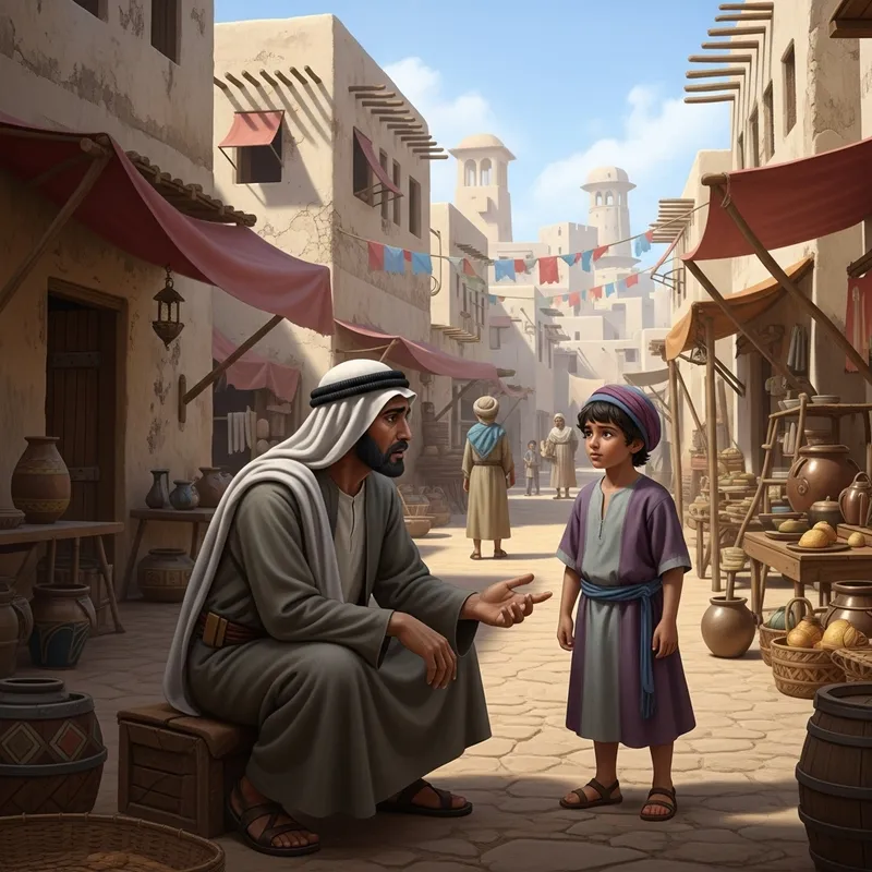 Ill Man Conversing with Young Boy in Ancient Islamic City