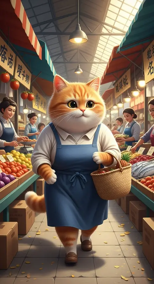 Chubby Orange Cat Mom Visits Market for Fresh Food