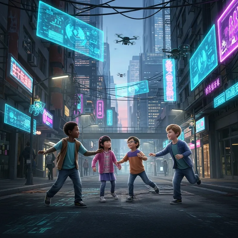 Children Playing in a Futuristic Cyberpunk City