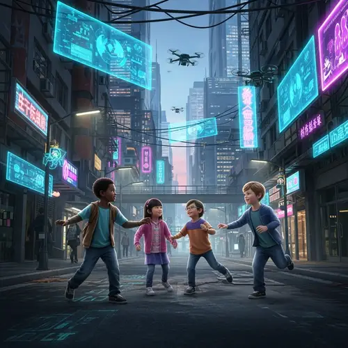 Children Playing in a Futuristic Cyberpunk City