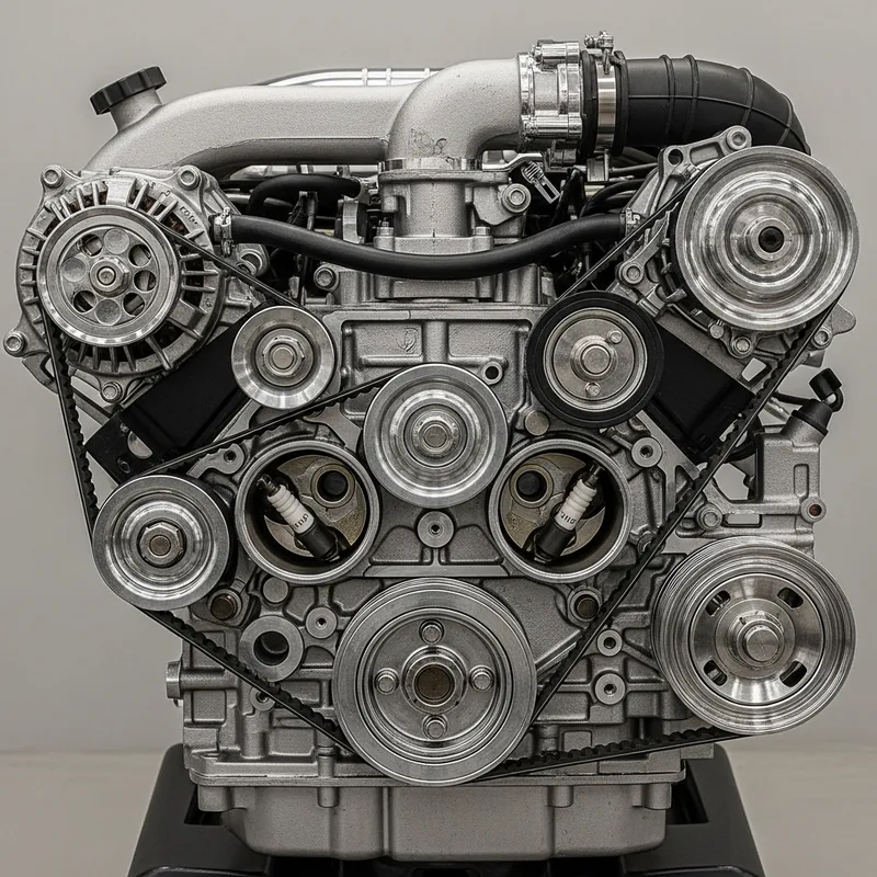 Detailed Car Engine: Shiny Metal and Rubber Components