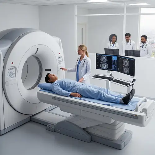 Modern CT Scan in Medical Clinic: Patient & Doctors Examining Images