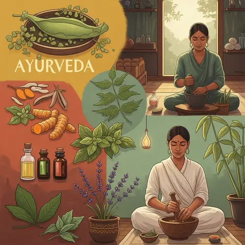 Traditional Ayurvedic Illustration: Herbs, Oils, and Meditation