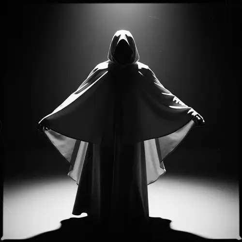 Mysterious Cloaked Figure in Dramatic Black and White