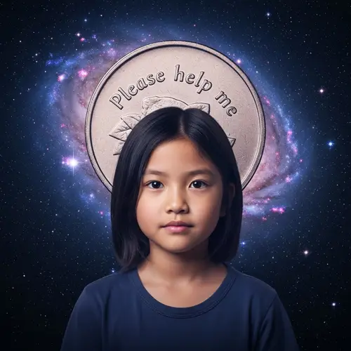 11-Year-Old Asian Girl with 'Please Help Me' Coin in Galaxy Setting