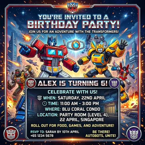 Transformers Themed Birthday Party Invitation