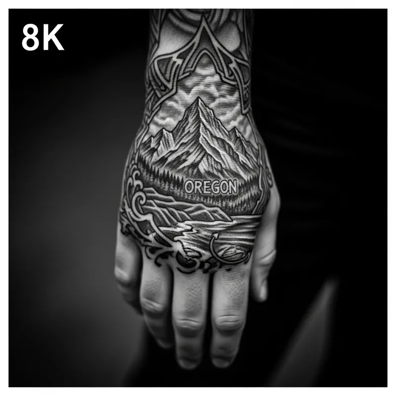 8k Black and White Hand Tattoo: Grand Mountain Landscape & Oregon Coast Elements
