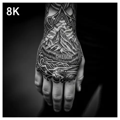 8k Black and White Hand Tattoo: Mountain Landscape & Oregon Coast Elements