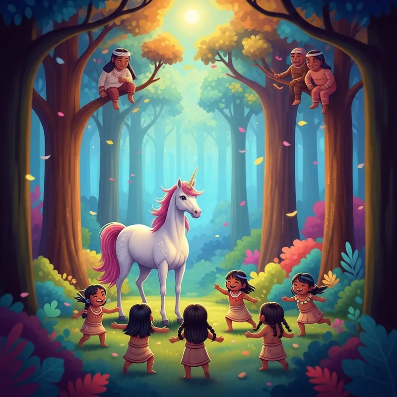 Mystical Unicorn in Lush Forest: Enchanting Fantasy Scene Featuring Indigenous Children