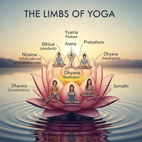 The 8 Limbs of Yoga in a Blooming Lotus: Serene & Tranquil Scene