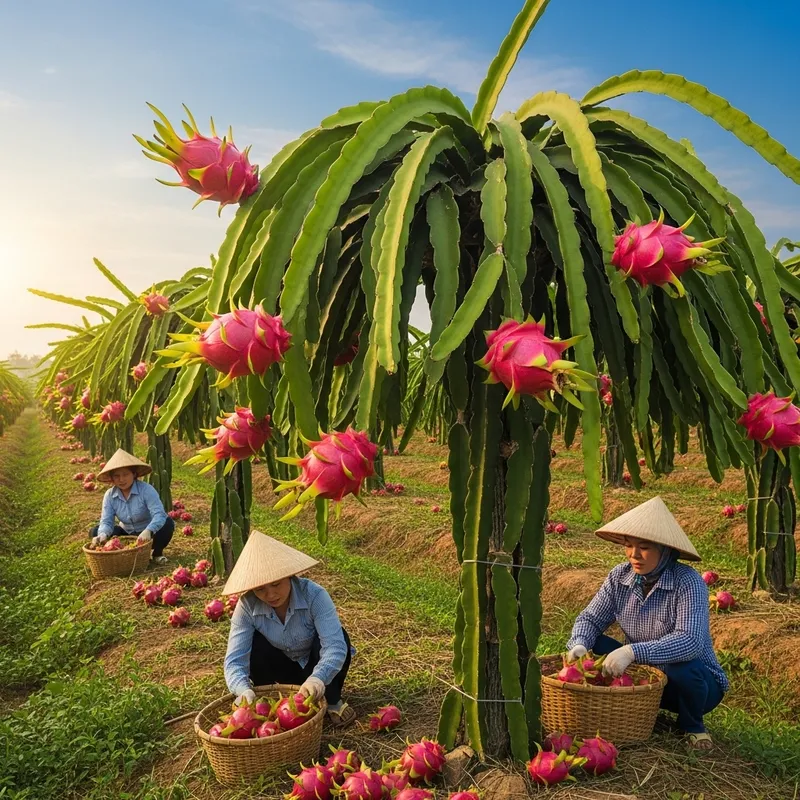 Dragon Fruit Farm in Vietnam: Vibrant Cacti & Farmers in Bucolic Sunset Scene