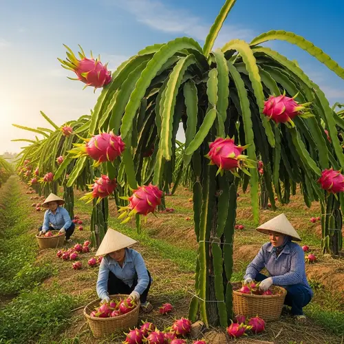 Dragon Fruit Farm in Vietnam: Vibrant Cacti & Farmers Harvesting