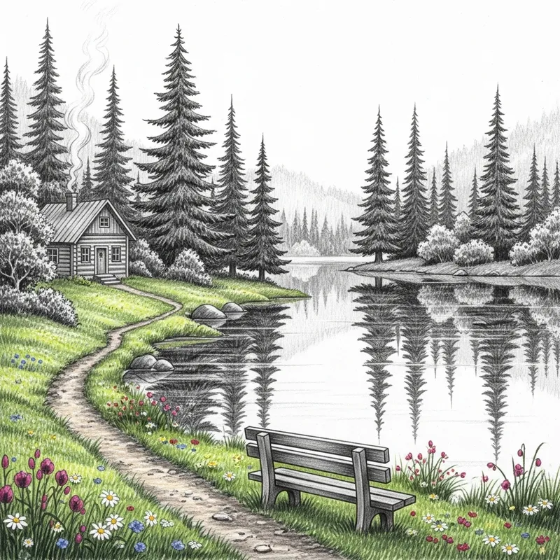 Tranquil Pencil Sketch of a Serene Evergreen Landscape