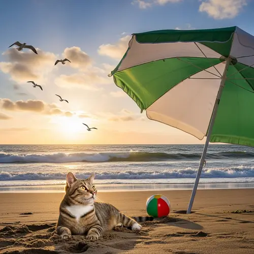 Relaxed Cat Enjoying Beach Sunset | Serene Feline Scene