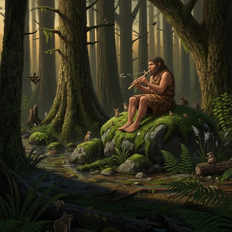 Caveman Playing Ancient Flute in Prehistoric Forest Caveman Playing Ancient Flute in Prehistoric Forest