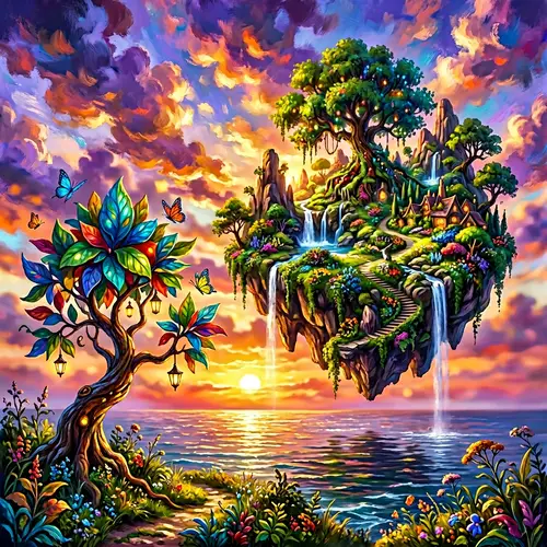 Surreal Floating Island Dreamscape at Sunset