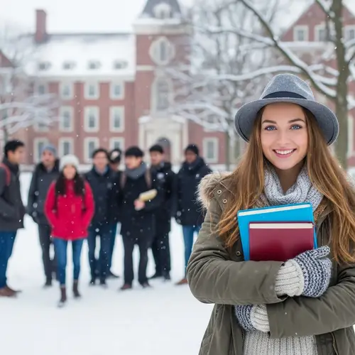 Winter University Campus with Diverse Students and Smiling Woman with Books