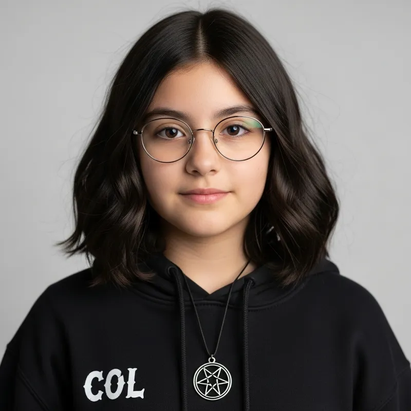 Dark-Haired Hispanic Girl in Circular Glasses with Pentagram Necklace