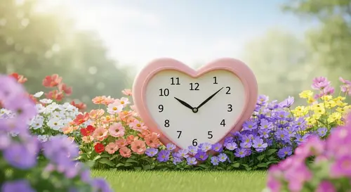 Love's Patience: Heart-Shaped Clock in Tranquil Garden
