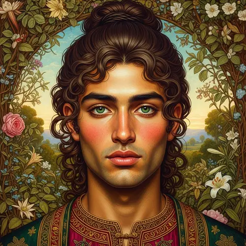 Pre-Raphaelite Style Portrait of a Young Man with Green Eyes and Brown Curly Hair