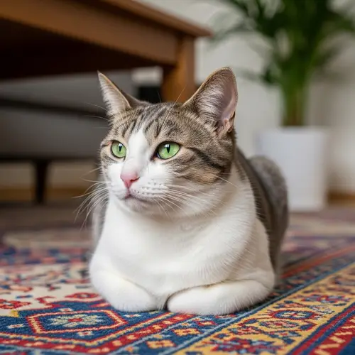 Colorful Rug Cat - Charming Image of a Domestic Short-Haired Cat