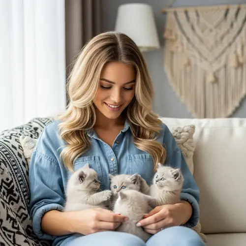 Beautiful Blonde Girl with Three Fluffy Gray Kittens
