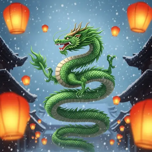 Green Chinese Dragon in Winter Setting - Chinese New Year Festivities