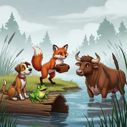 Misty Marshland Wildlife: Dog, Frog, Fox, and Ox on Wooden Log