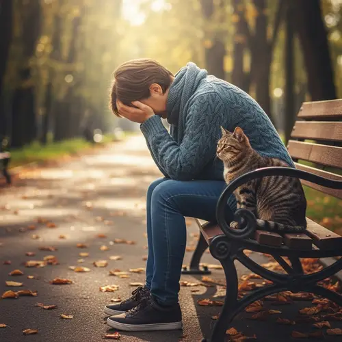 Heartbreak and Comfort: Person and Cat Scene