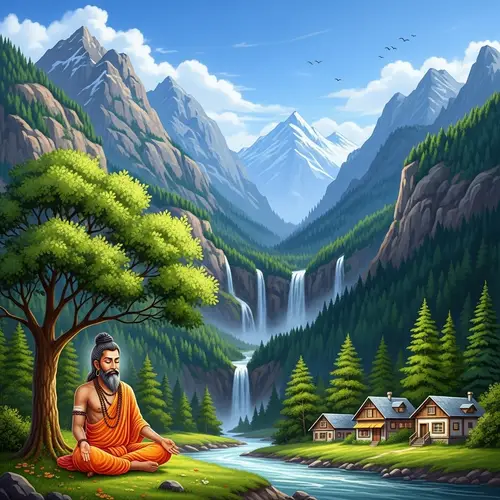Hindu Sadhu Meditating in Nature - Tranquil Scene with Waterfalls