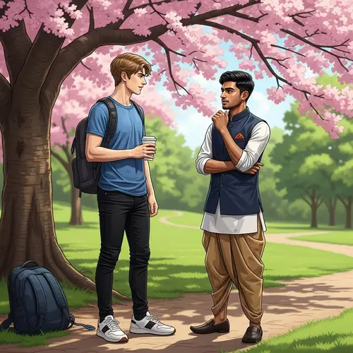 Young Men Conversation Under Cherry Blossom Tree