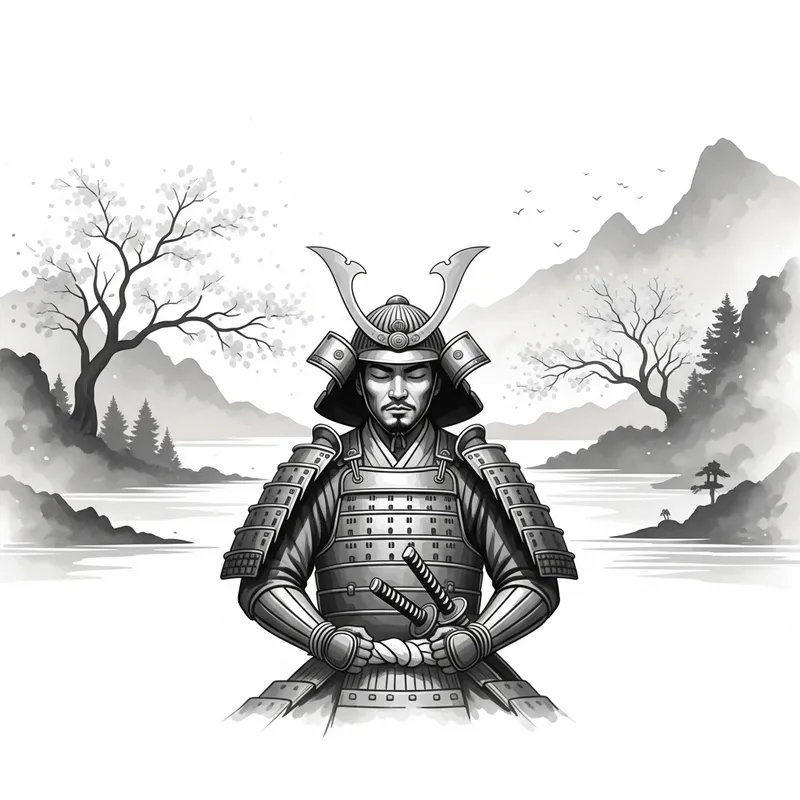 Tranquil Samurai Meditation in Nature: Zen Ink Wash Artwork